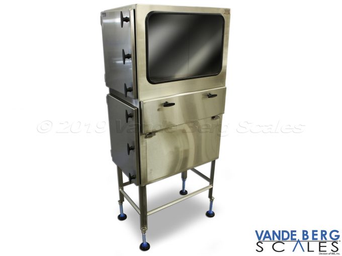 Stainless steel enclosure with view window for monitor and bottom enclosure for printer.